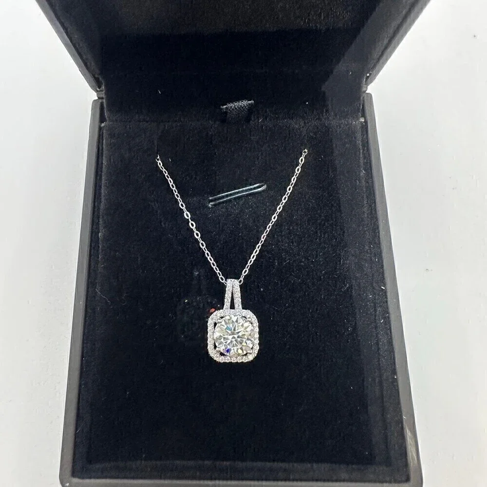 GRA Moissanite Diamond Necklace 2 Ct Pendant Chain Fine Jewelry Halo - Picture 12 of 12
